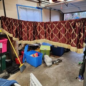 Burgundy and gold set of valances curtains Damask floral tassels waterfall swag